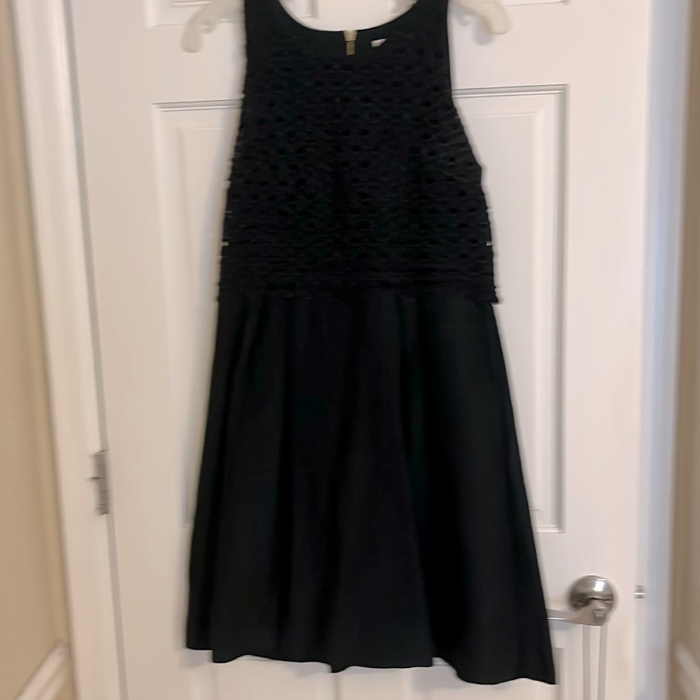 Loft black linen dress with embellished top and scallop edging. Size 6